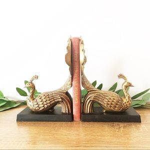 Large Heavy Vintage Brass Elegant Peacock Bookends
